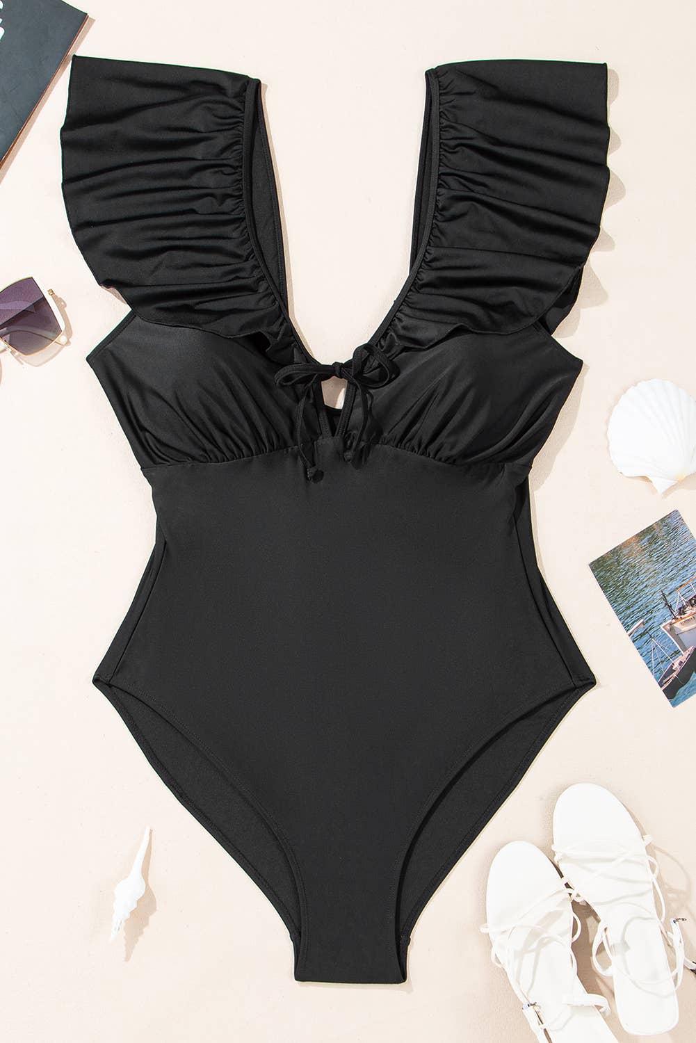 Ruffled Sleeve Lace-up V Neck Plus Size One Piece Swimsuit