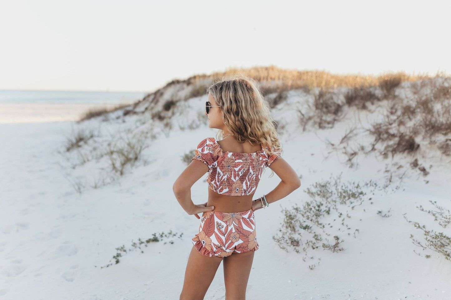Kids Tan Tropical Print Ruched Shirred 2 Piece Swimsuit