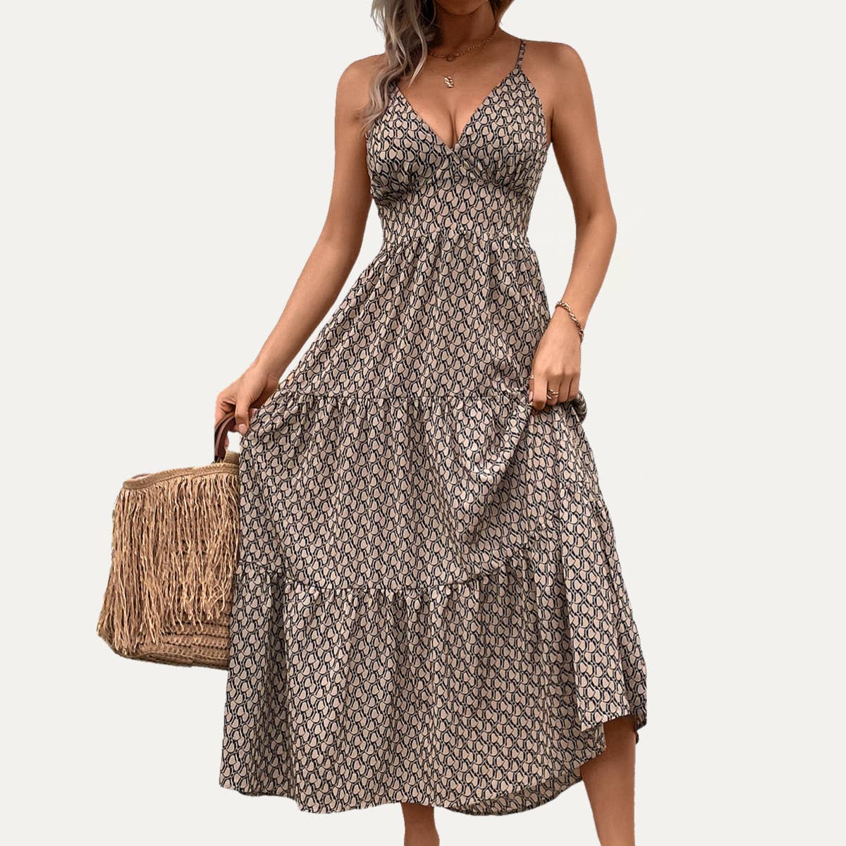 Khaki Abstract Print Tie-Back Strappy Maxi Dress
