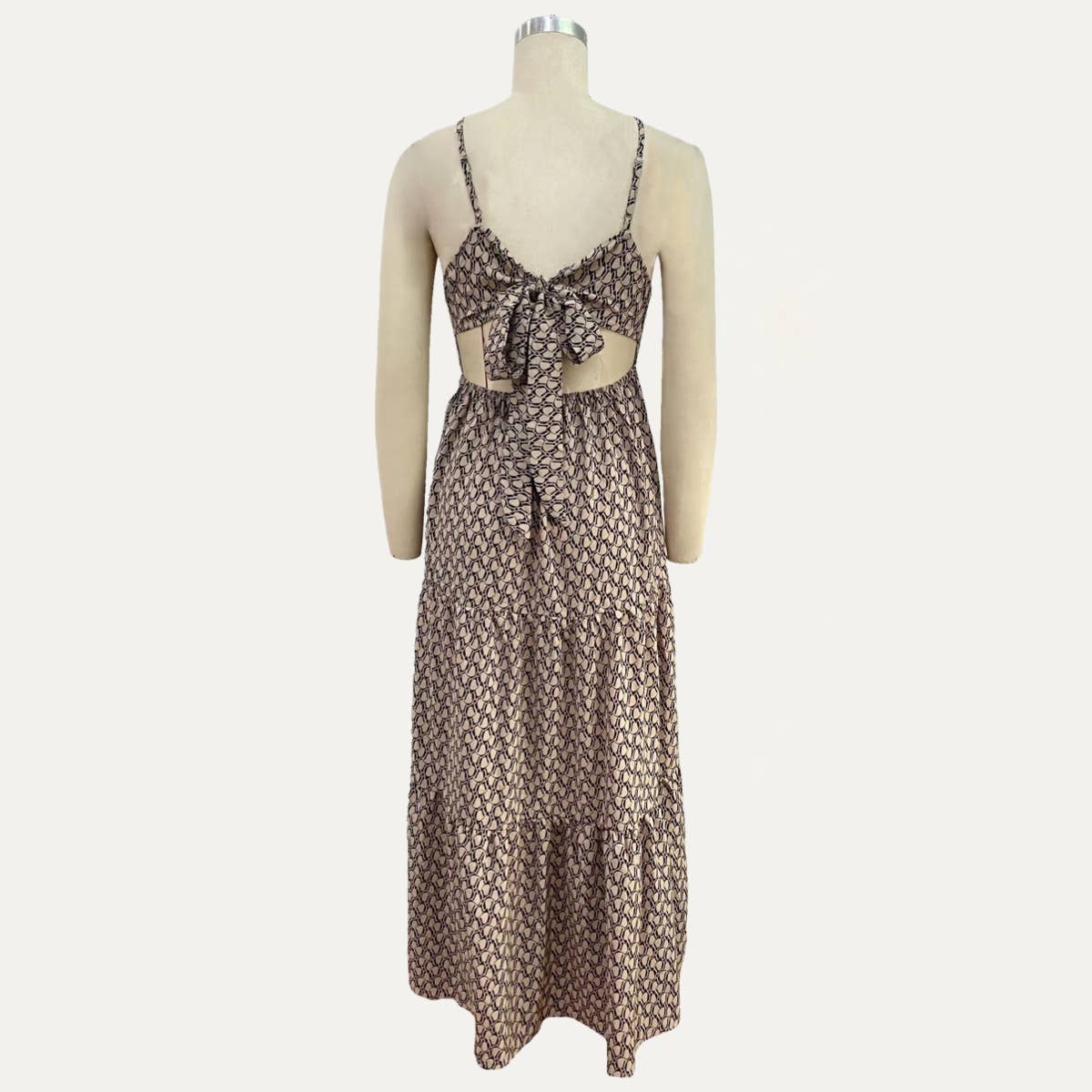 Khaki Abstract Print Tie-Back Strappy Maxi Dress