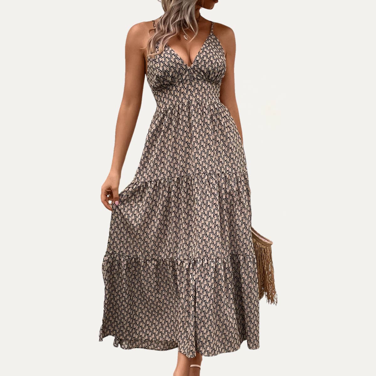 Khaki Abstract Print Tie-Back Strappy Maxi Dress