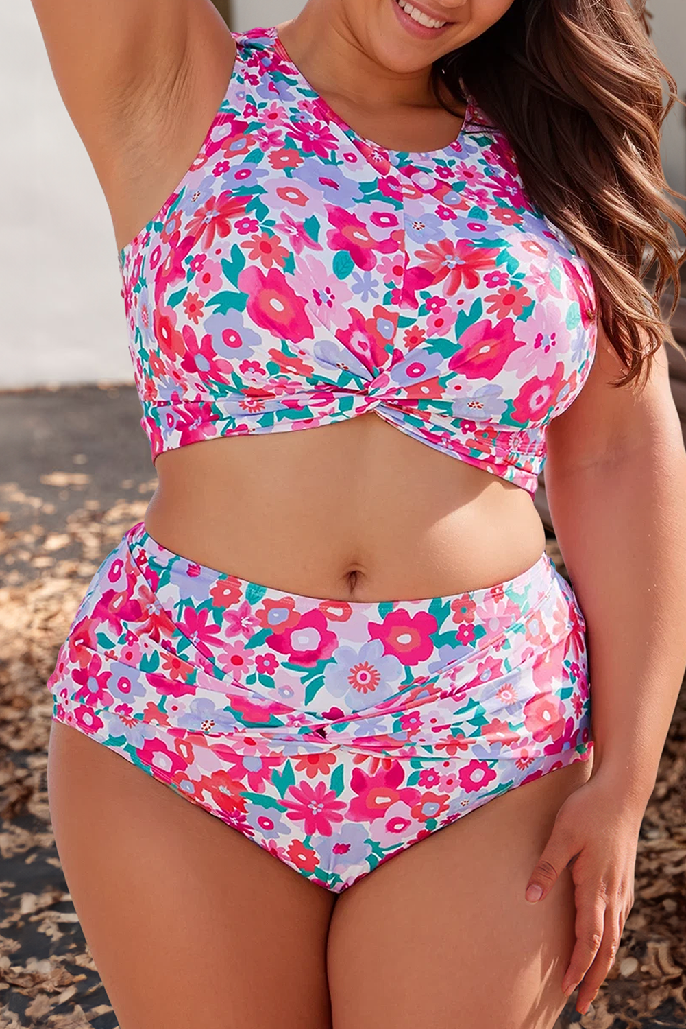 Plus Size Floral Print Twisted High Waist Bikini Set