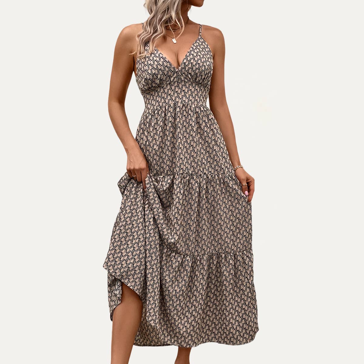 Khaki Abstract Print Tie-Back Strappy Maxi Dress