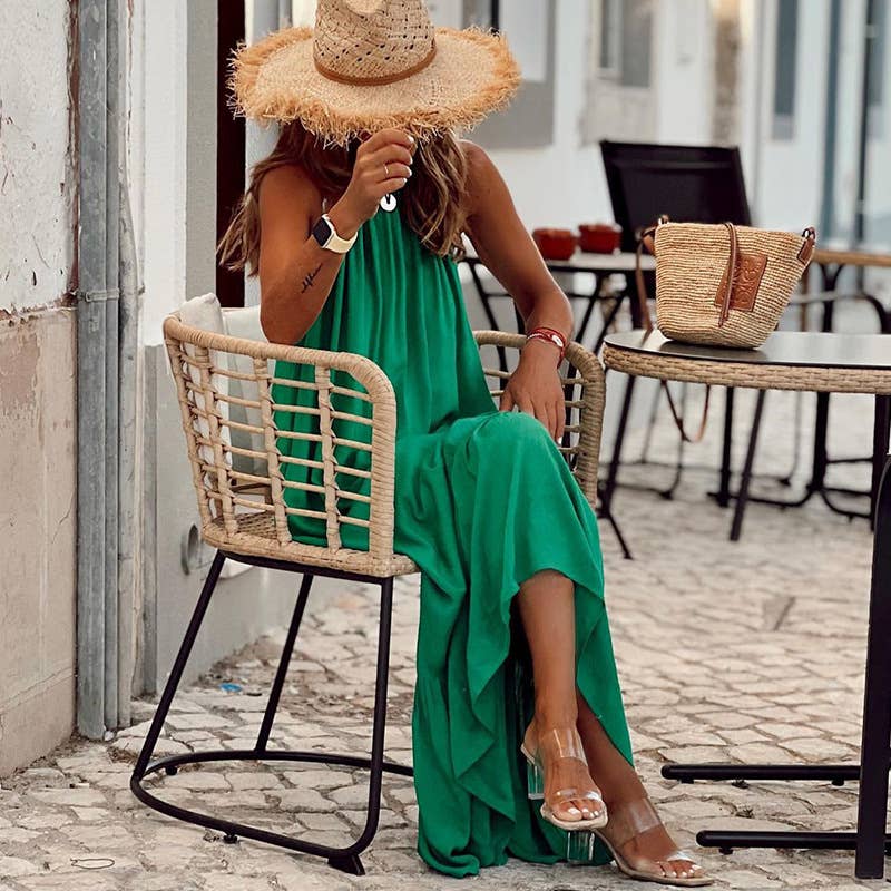 Green Halter Long Beach Dress