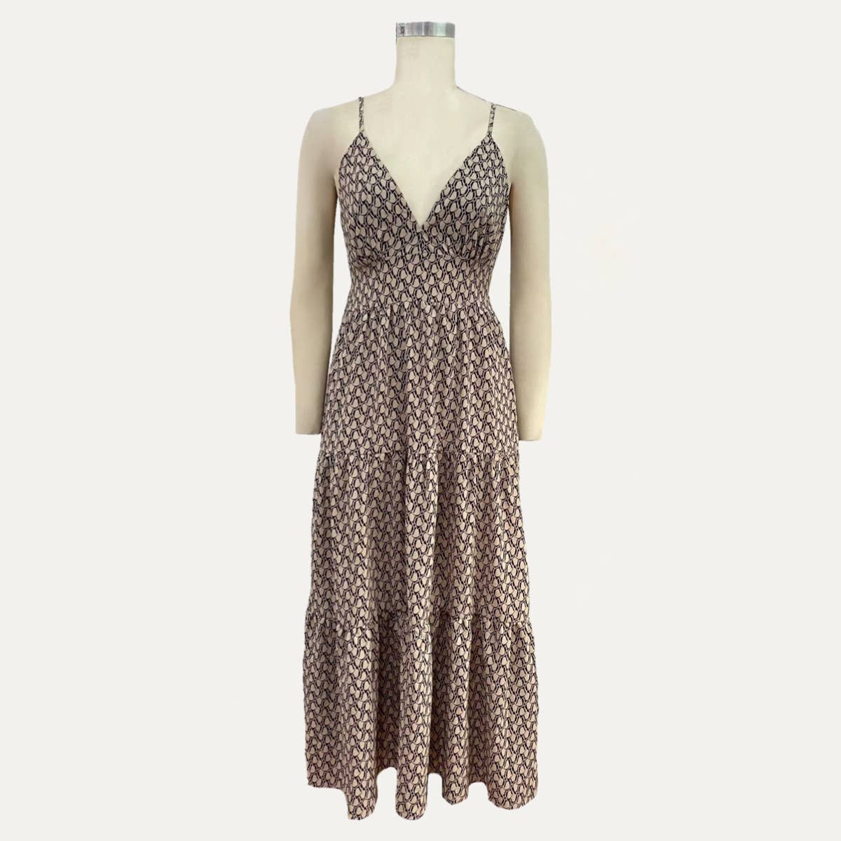 Khaki Abstract Print Tie-Back Strappy Maxi Dress