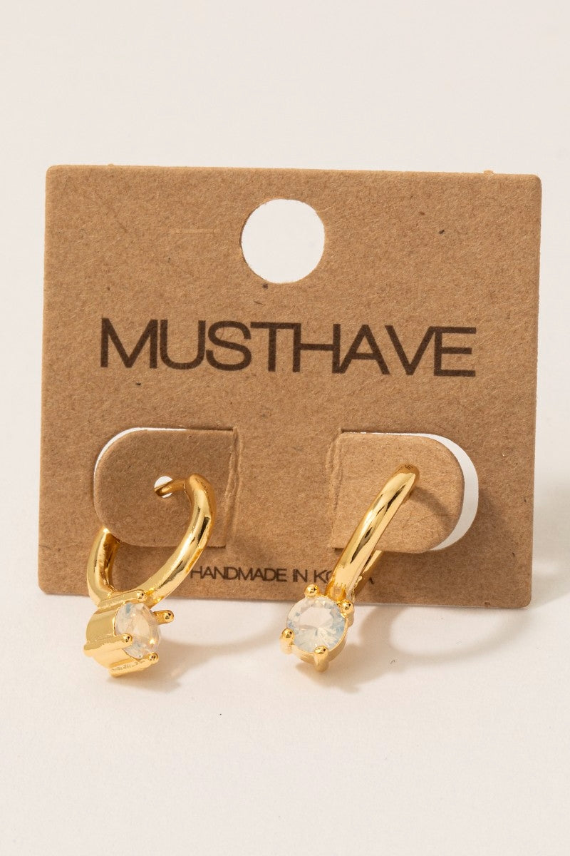 Gold Dipped Round Cz Gem Hoop Earrings- Clear