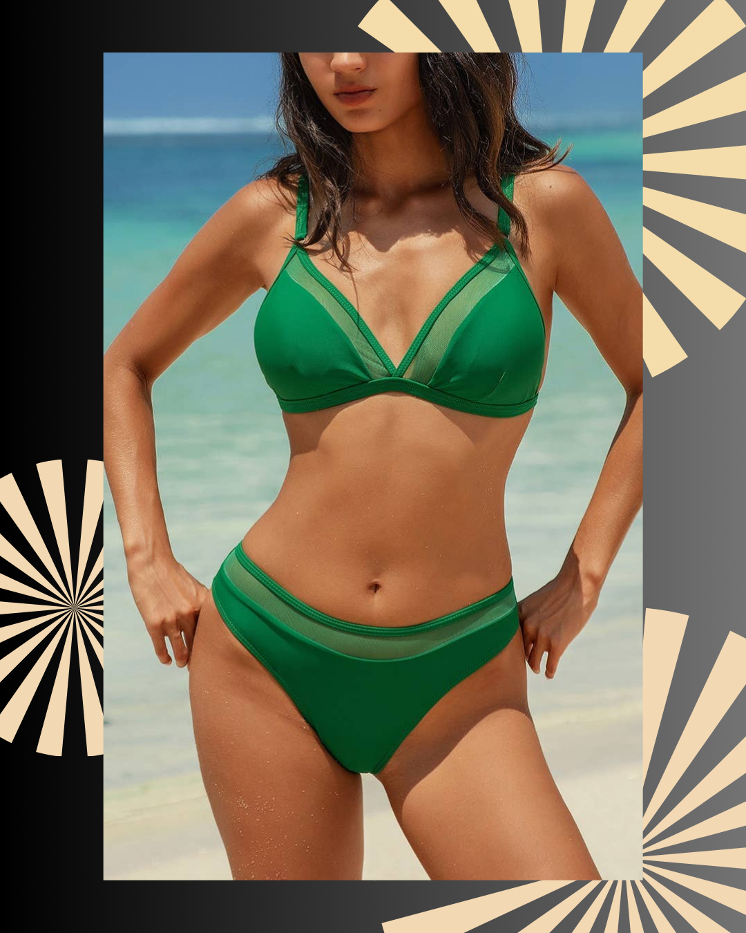 Two Pieces Lace Trim Green Solid High Cut Bikini