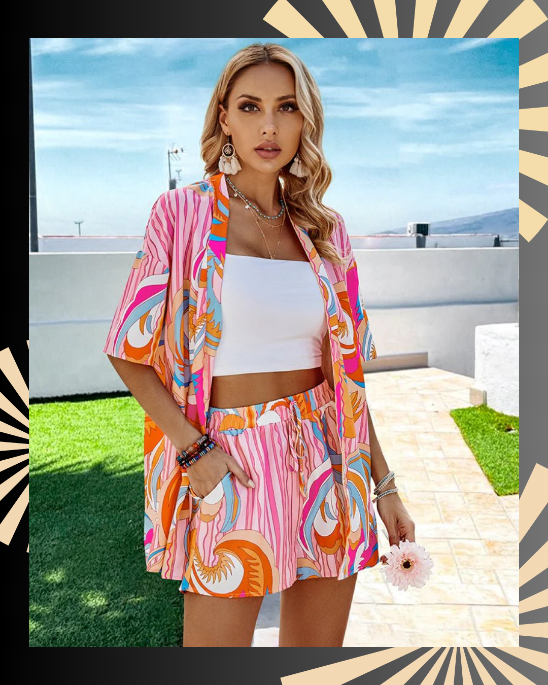 Graphic Print Drop Shoulder Blouse Tie Front Shorts