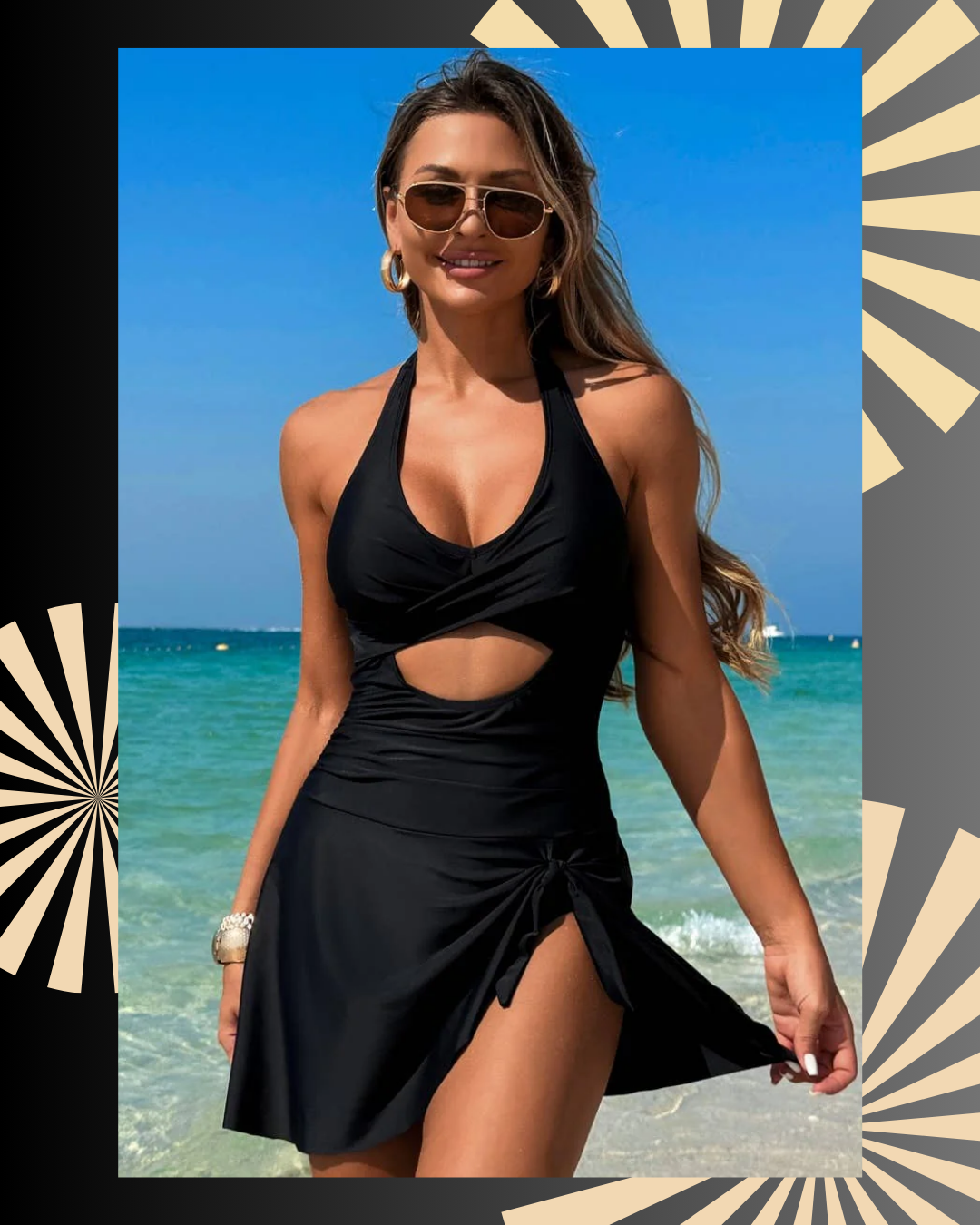 Halter Neck Twisted Tie Knot Front Dress Swimsuit