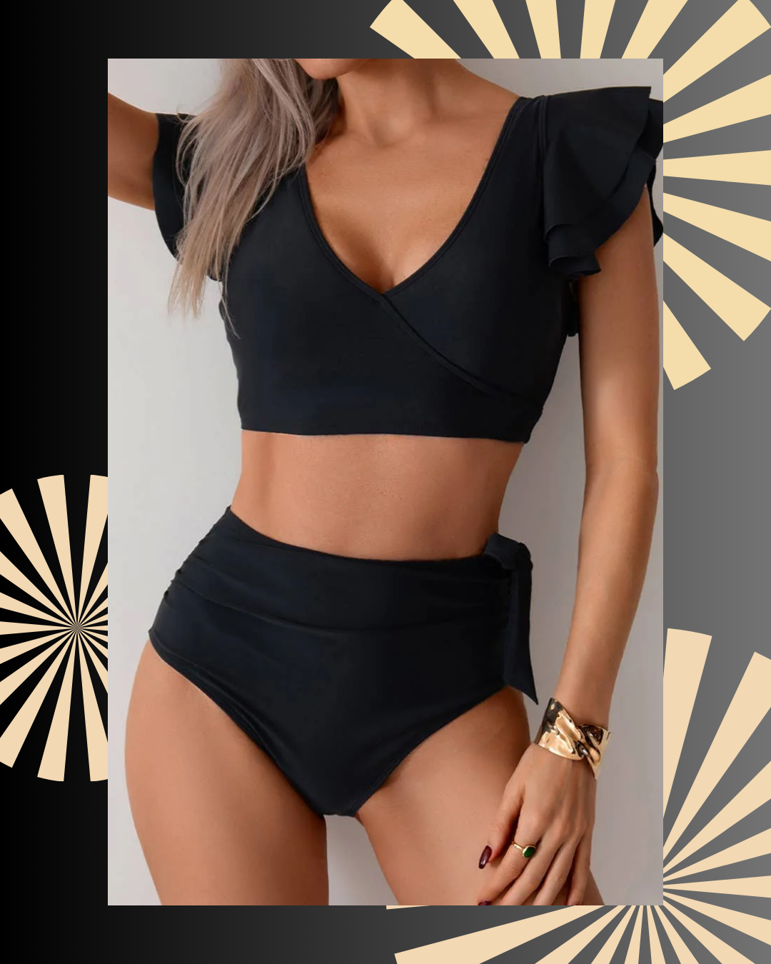V Neck Two Piece Ruffled High Waisted Swimsuit