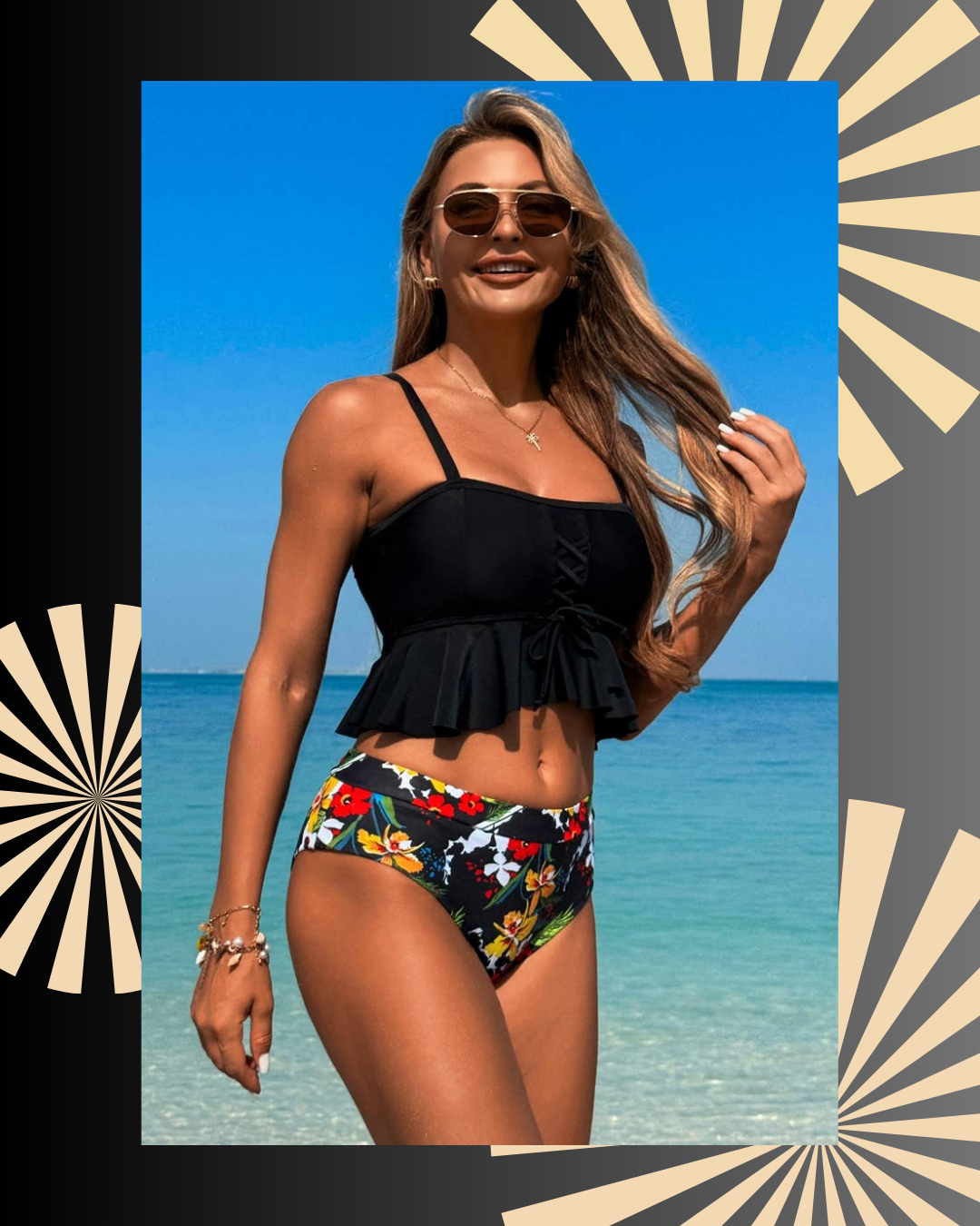 Ruffle Falbala Waist Knot Front Tankini Swimsuit