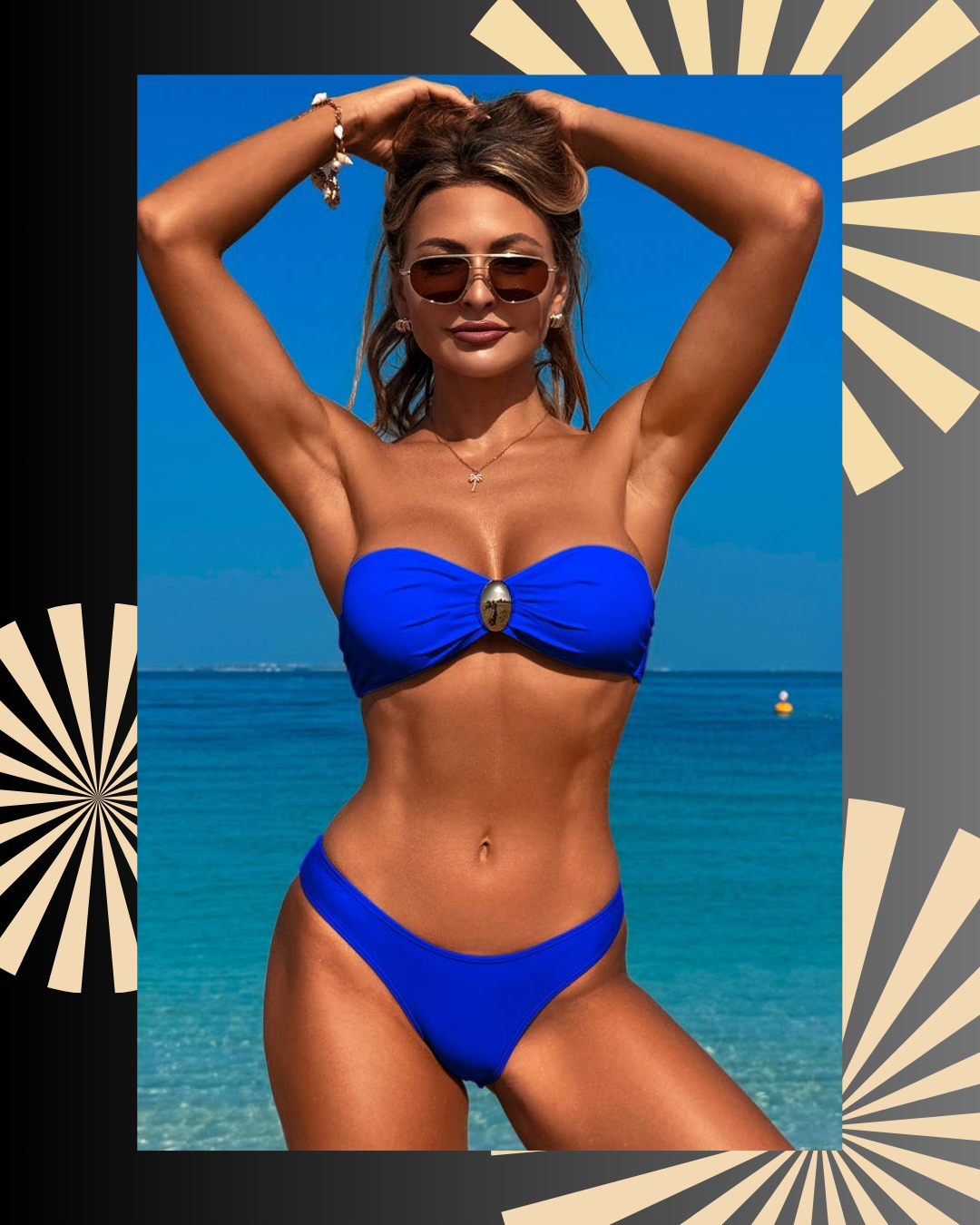 Solid Color Metal Decor Strapless Bikini Swimsuit
