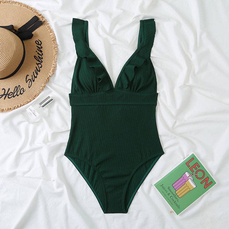 Ruffle Shoulder Stripe One Piece Swimwear