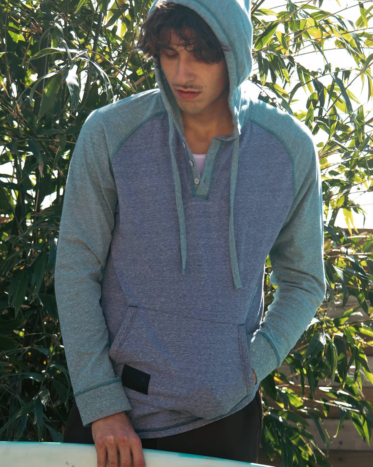 Men's Long Sleeve Color Block Pullover Henley Neck Hoodie