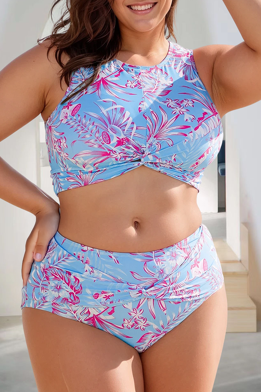 Plus Size Floral Print Twisted High Waist Bikini Set