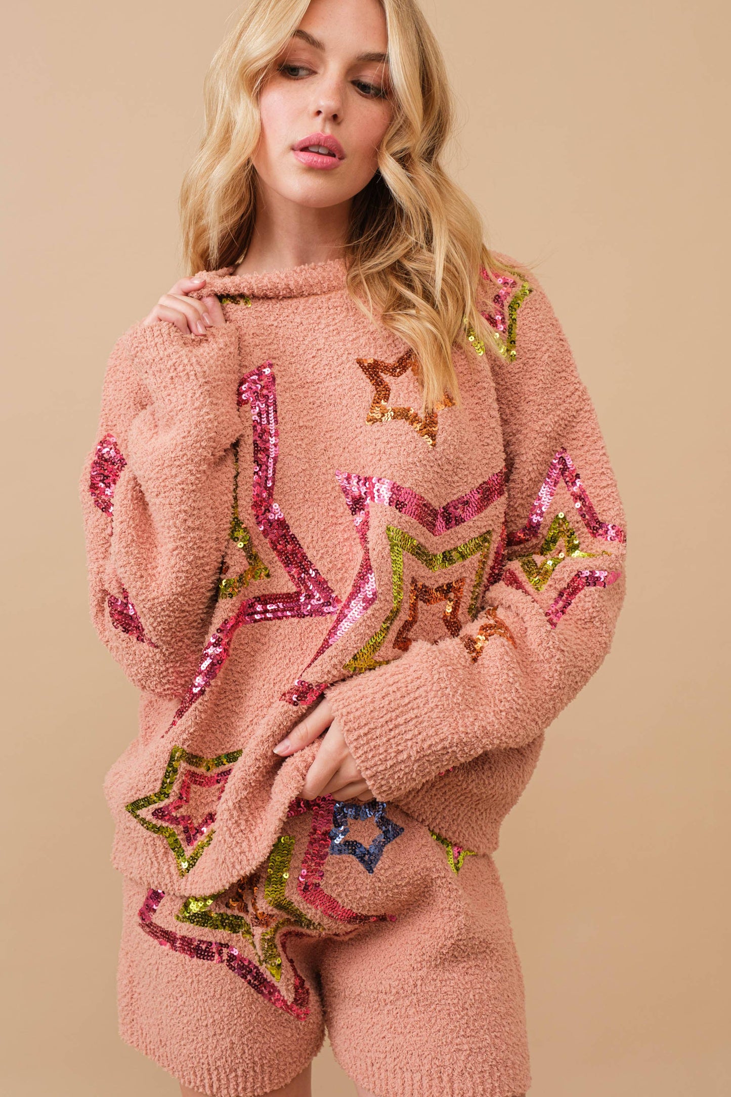 Cozy Soft Sequin Star Sweater with Shorts Set