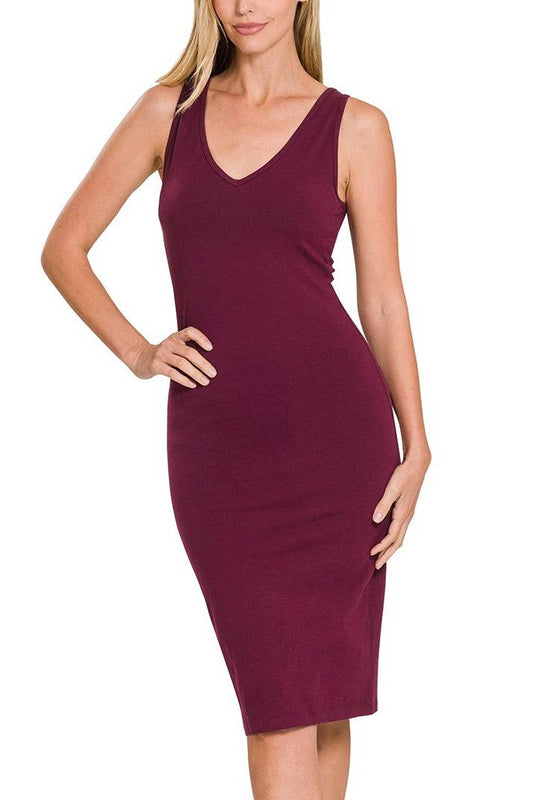 Cotton Sleeveless V-neck Midi Dress