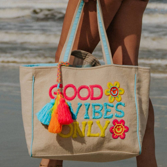 Good Vibes Only Happy Flowers Canvas Tote Bag Purse