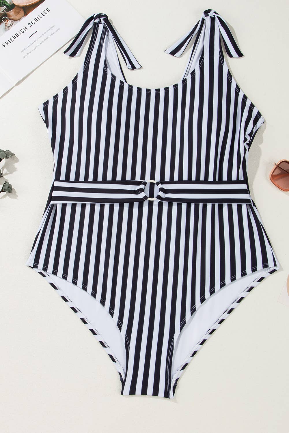 Plus Size Tie Straps O-Ring Waistband One Piece Swimsuit