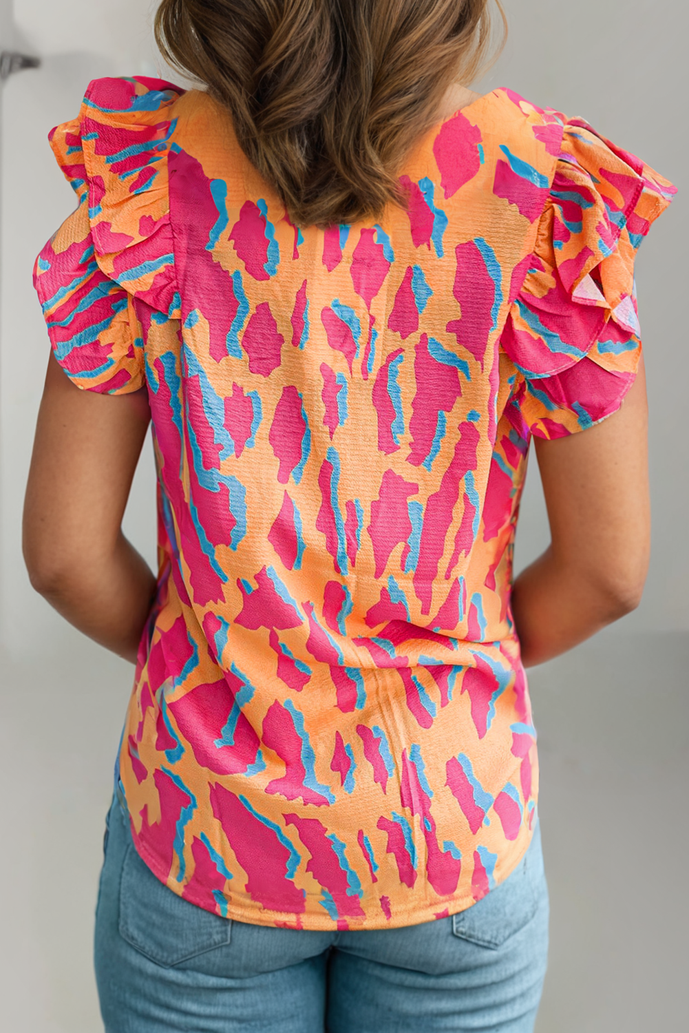 Abstract Print V Neck Ruffled Sleeve Blouse
