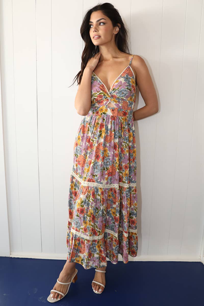 Fall Floral Cut Out Maxi Dress