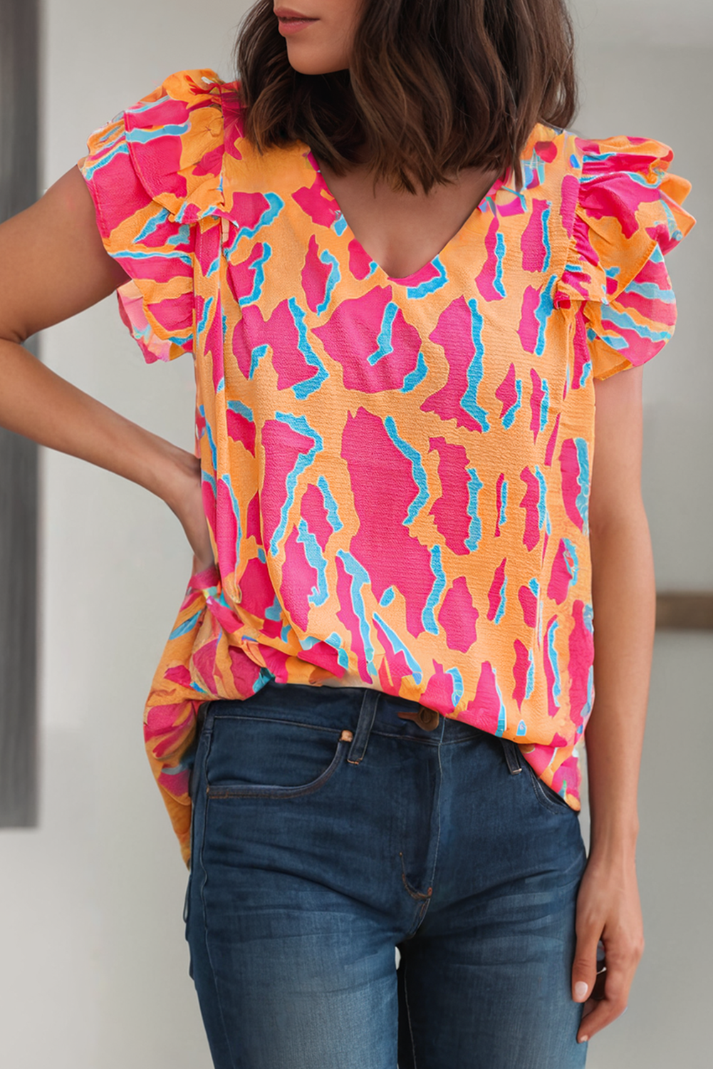Abstract Print V Neck Ruffled Sleeve Blouse