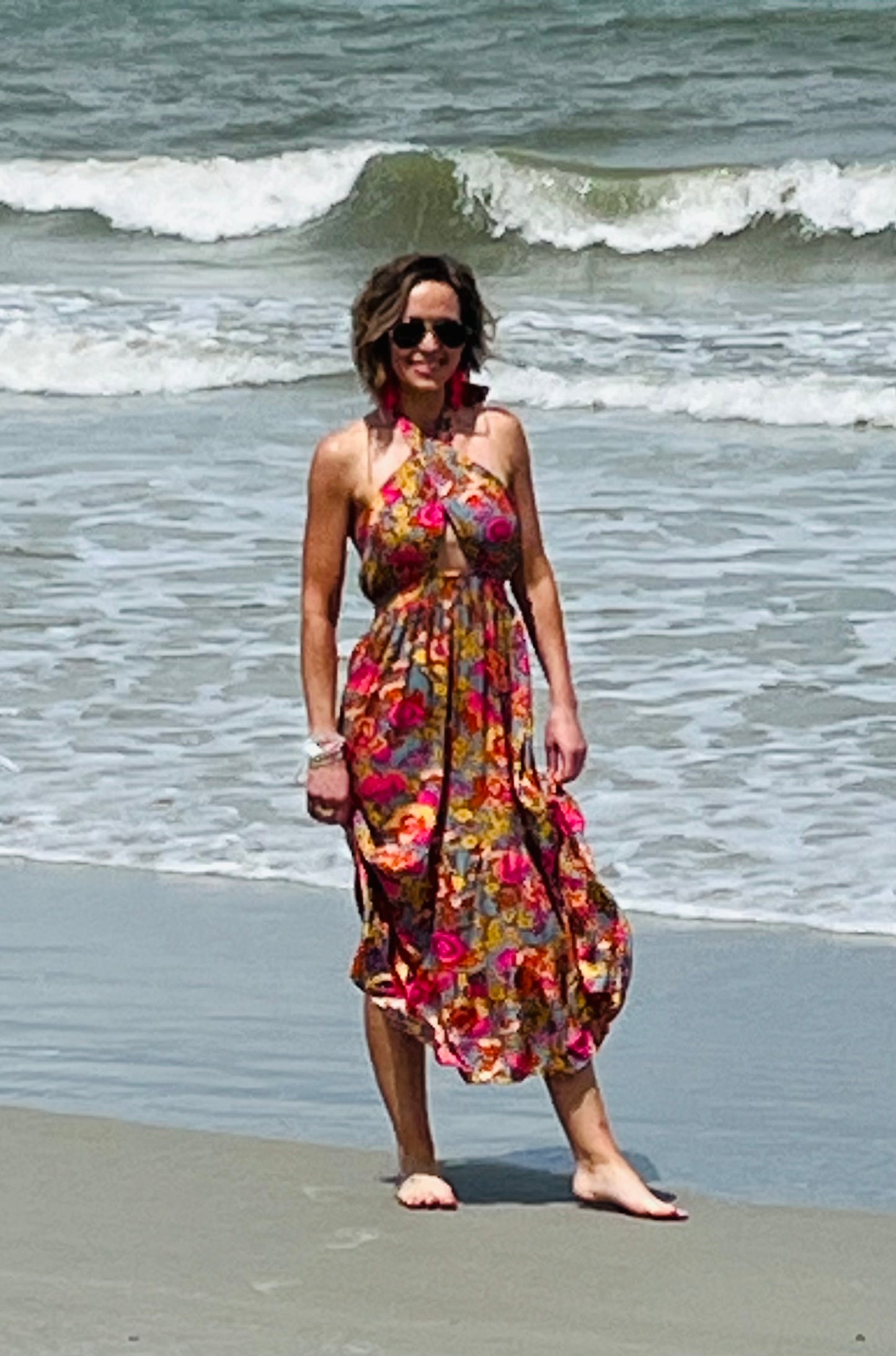 Blooming Floral Print Cutout Halter Maxi Dress