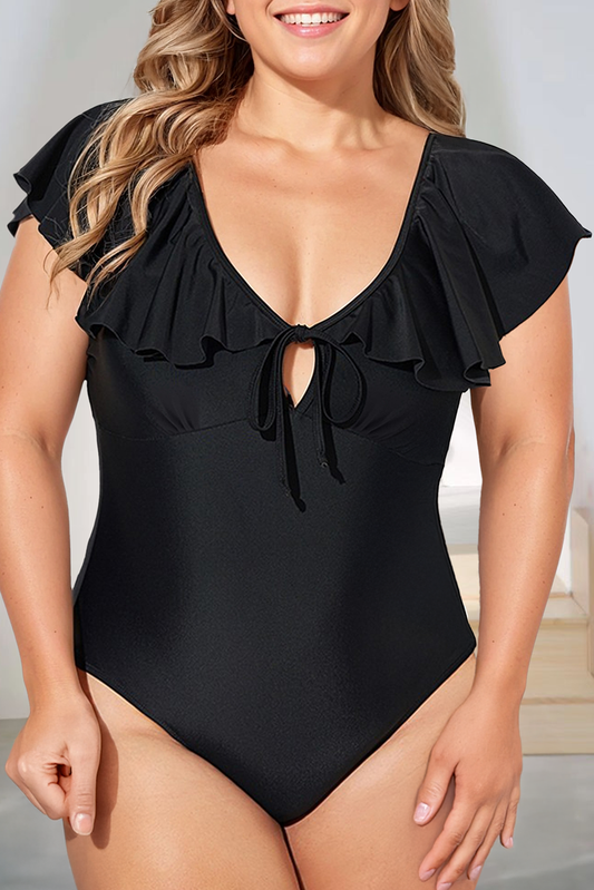 Ruffled Sleeve Lace-up V Neck Plus Size One Piece Swimsuit