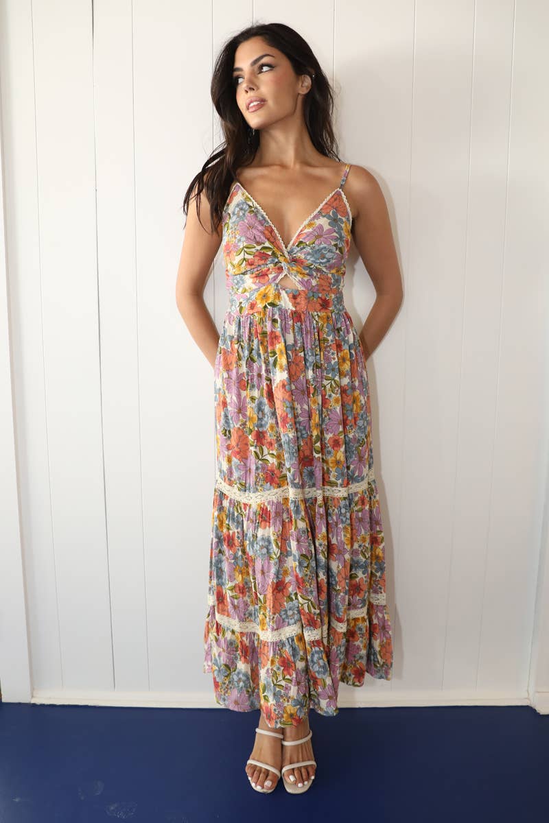 Fall Floral Cut Out Maxi Dress